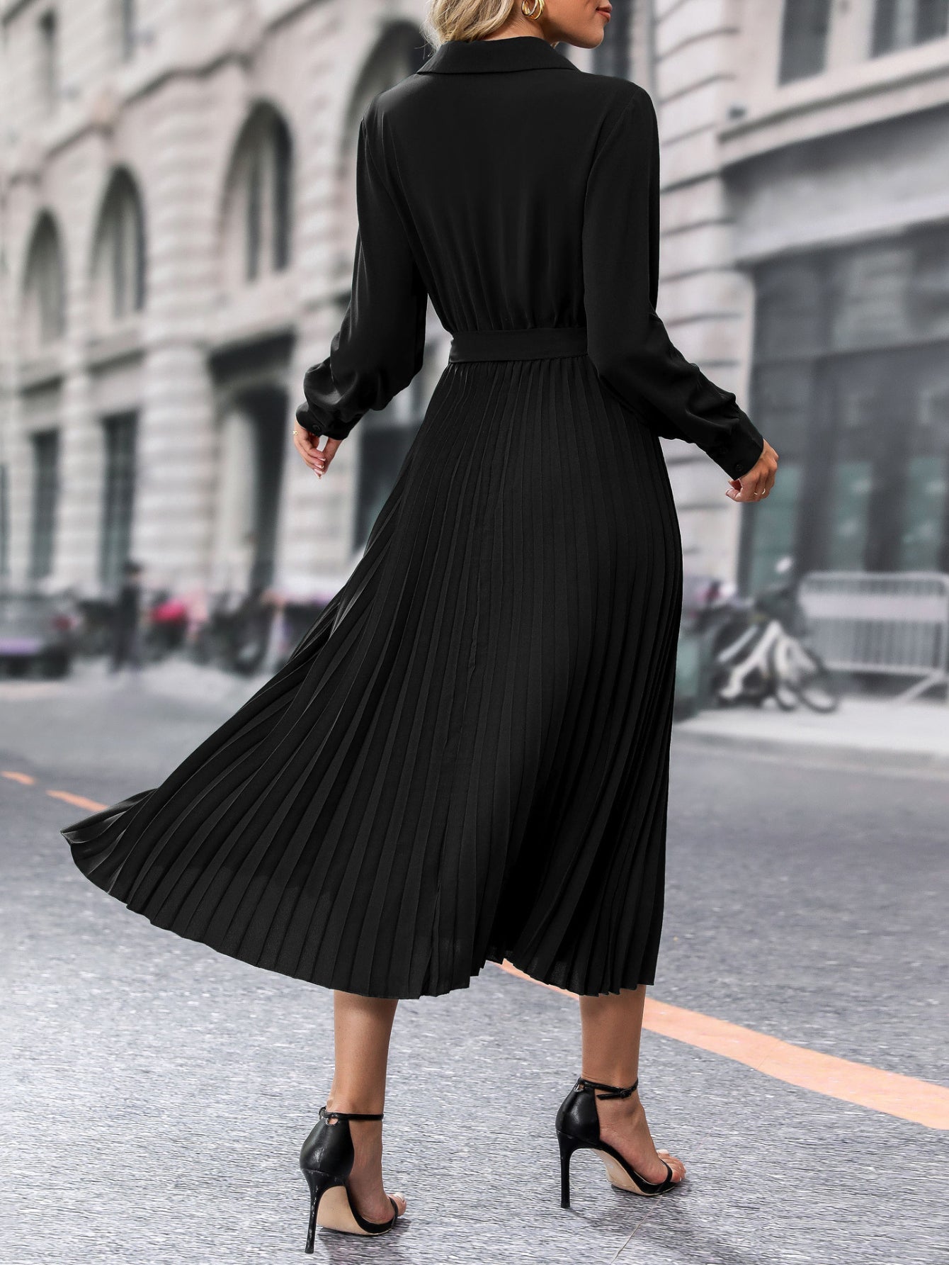 Surplice Neck A-line Pleat Dress, Elegant Long Sleeve Belt Dress