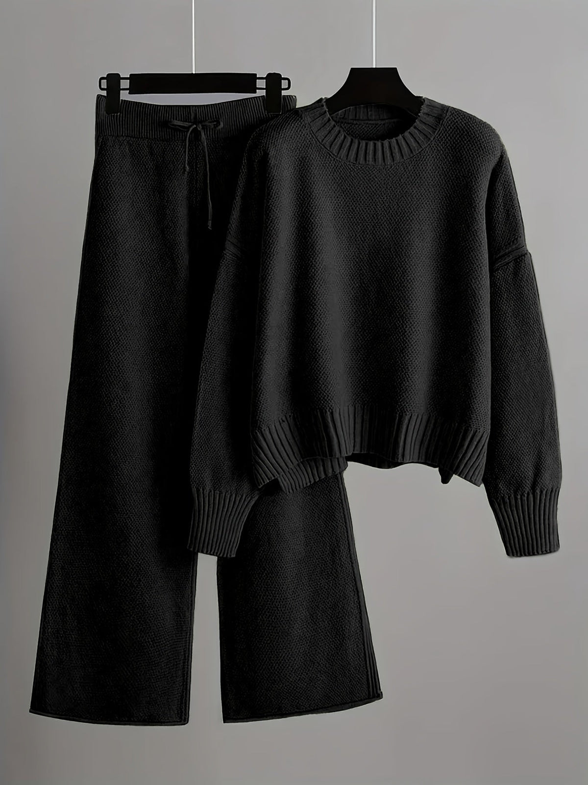 Solid Color Round Neck Sweater & Wide-Leg Pants Two-Piece Set