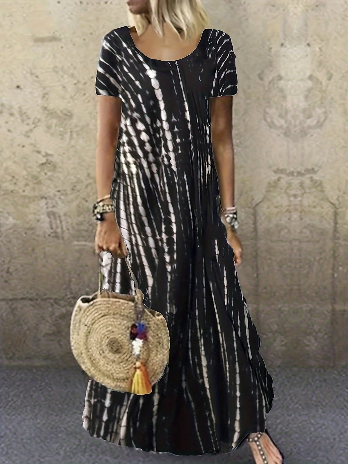Tie Dye Striped Dress, Casual Crew Neck Short Sleeve Ankle Dress