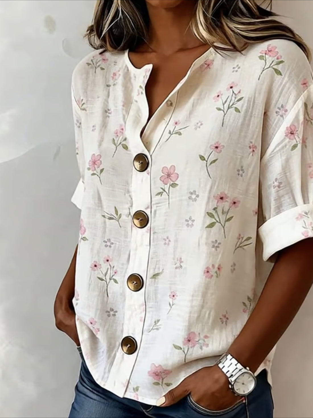Floral Loose Stand Collar Simple Linen Blend Long Sleeve Shirt
