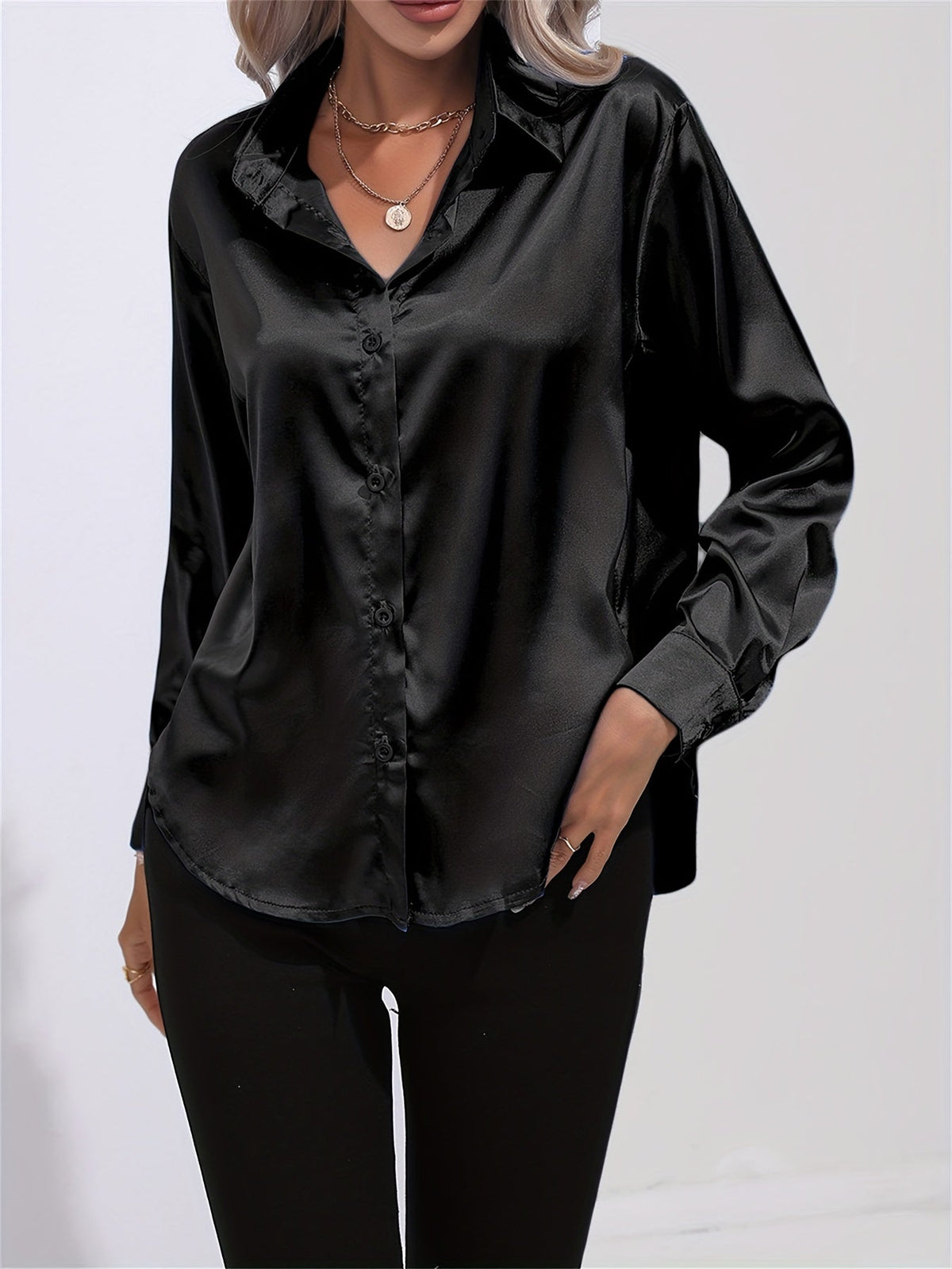 Lapel-collar Satin-satin-faux Silk Long-sleeved Shirt