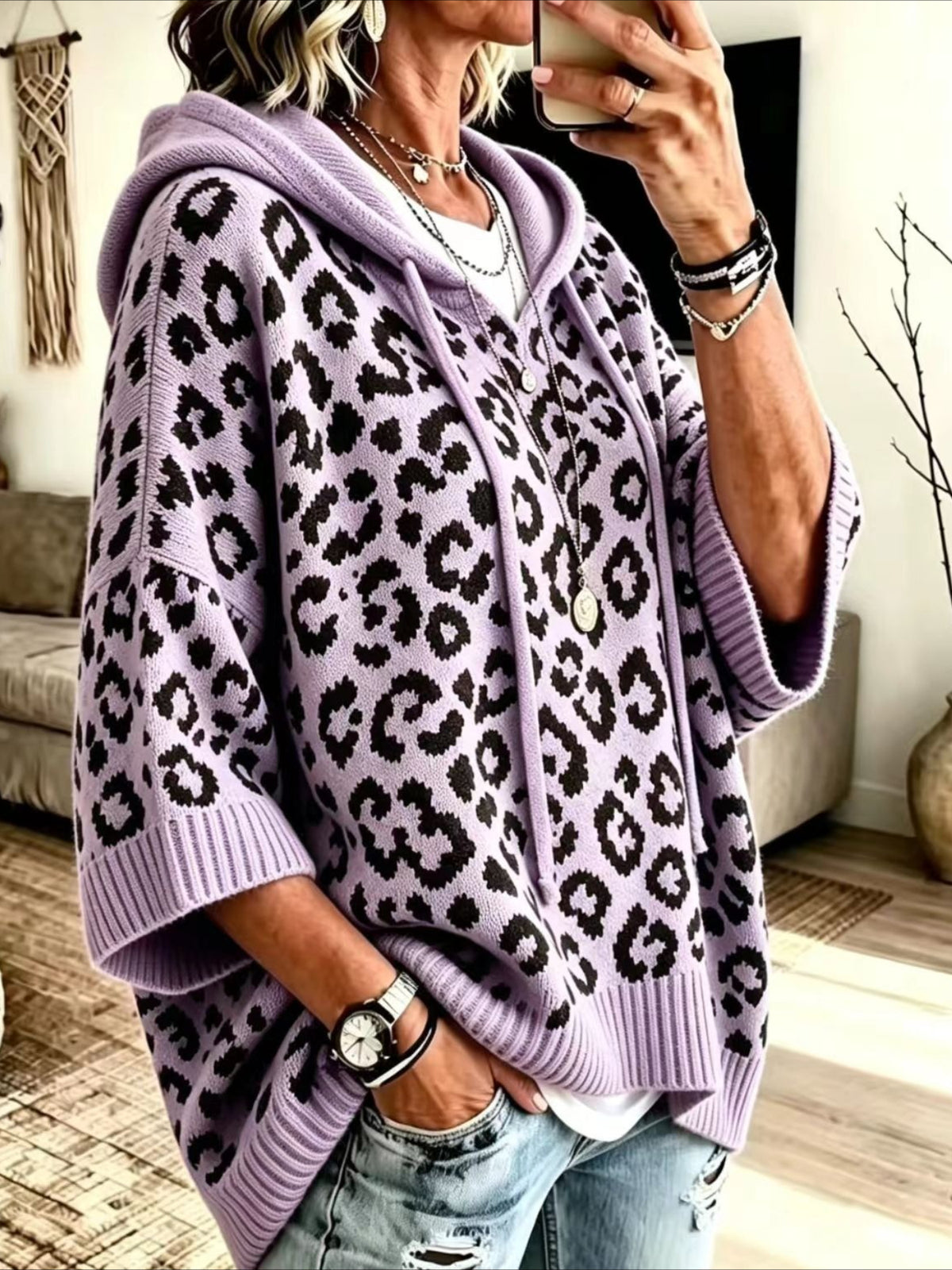 Leopard Pattern Hooded Knit Sweater with Batwing Sleeves