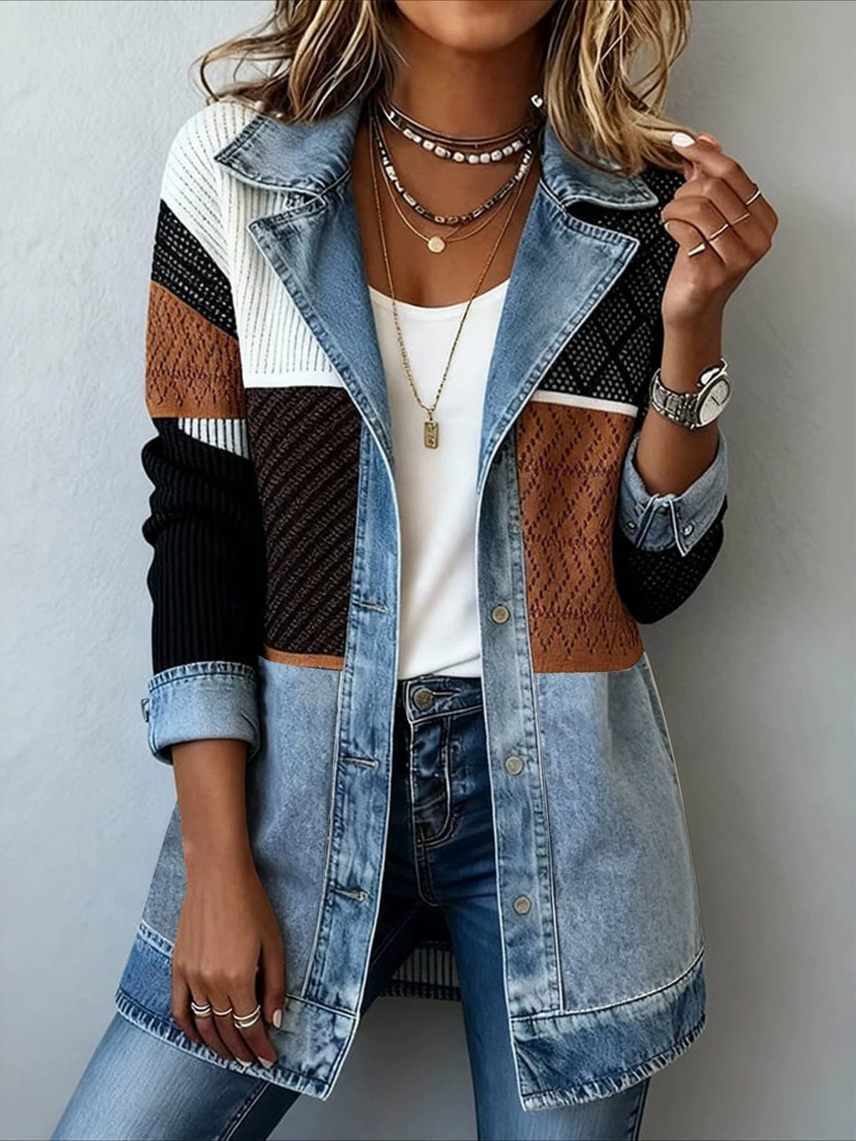 Lapel Collar Denim-Look Panel Longline Knit Jacket