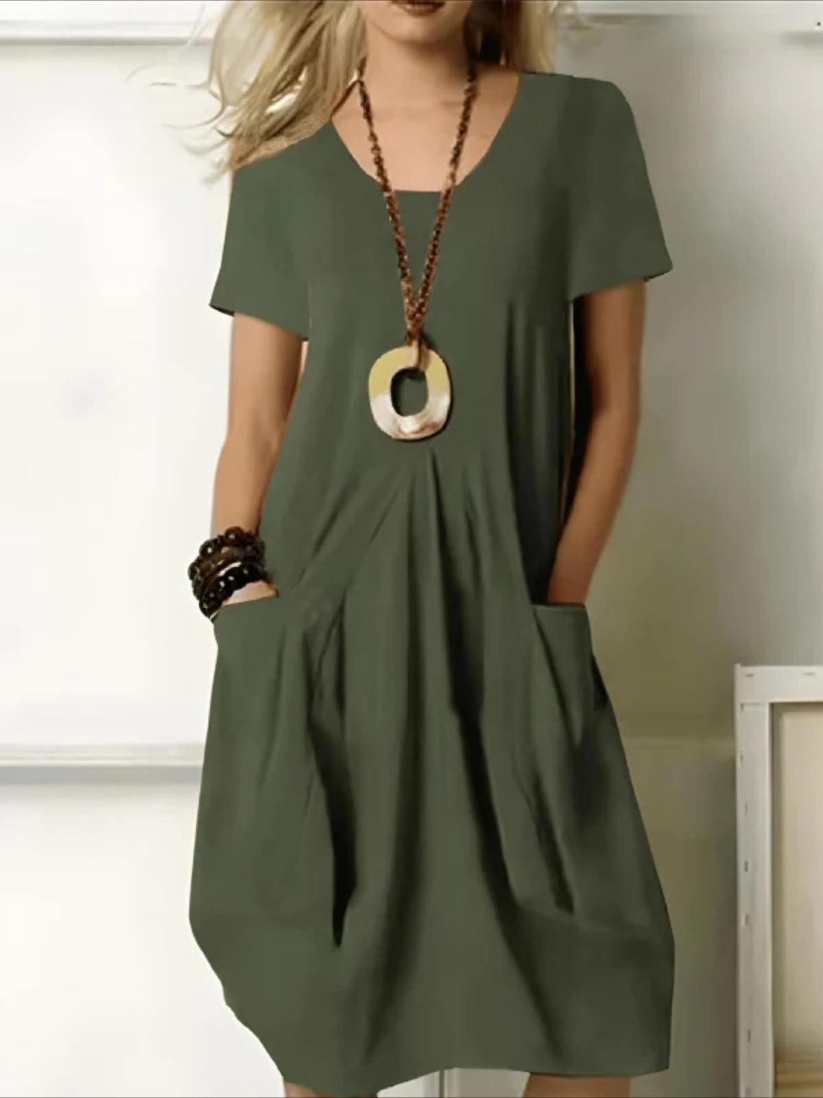 Casual Cotton and Linen Pocket Solid Color Midi Dress