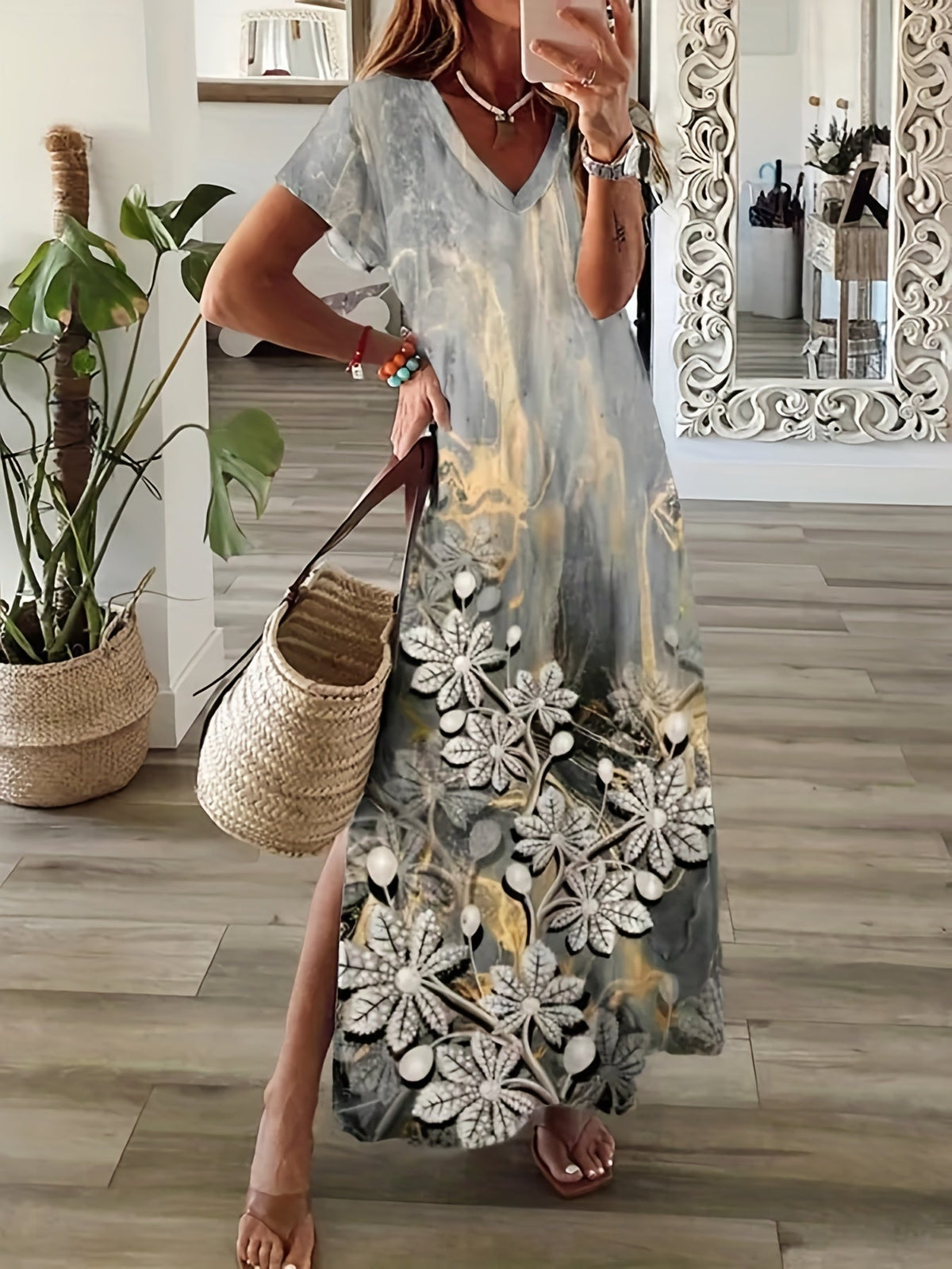 Floral Print Side Split Dress, Casual V Neck Short Sleeve Dress, Women's Clothing