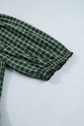 Green Plaid Square Neck Shirred High Waist Ruffle Hem Dress