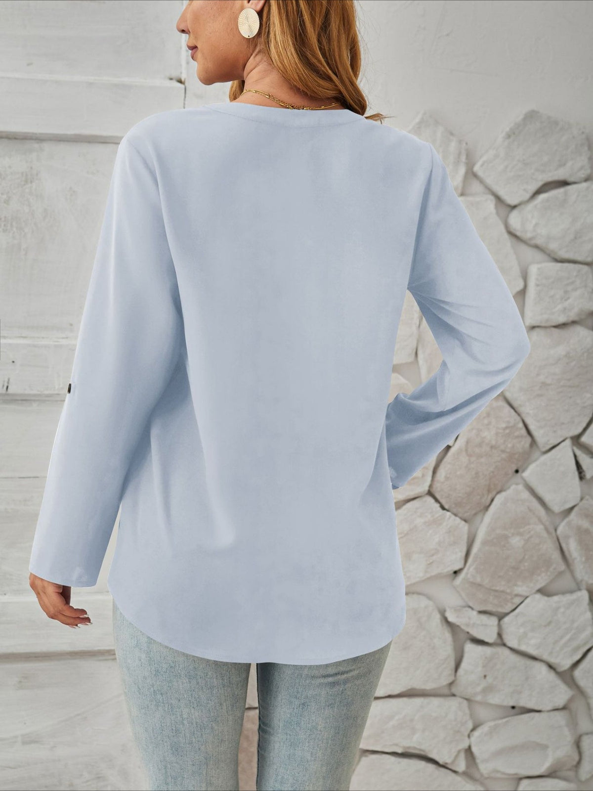 V-Neck Solid Color Comfortable Breathable Casual Long Sleeve Top