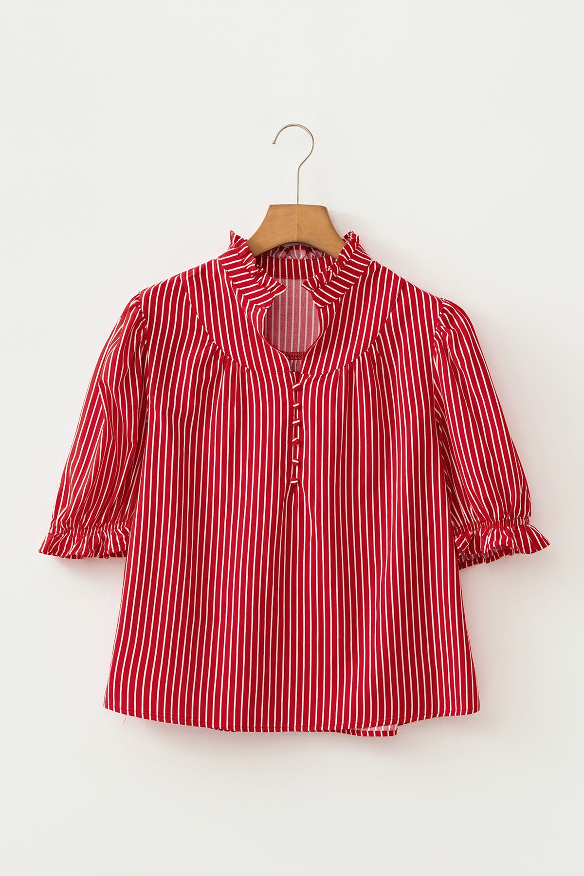 Red Stripe Ruffled Short Puff Sleeve Button Front Blouse