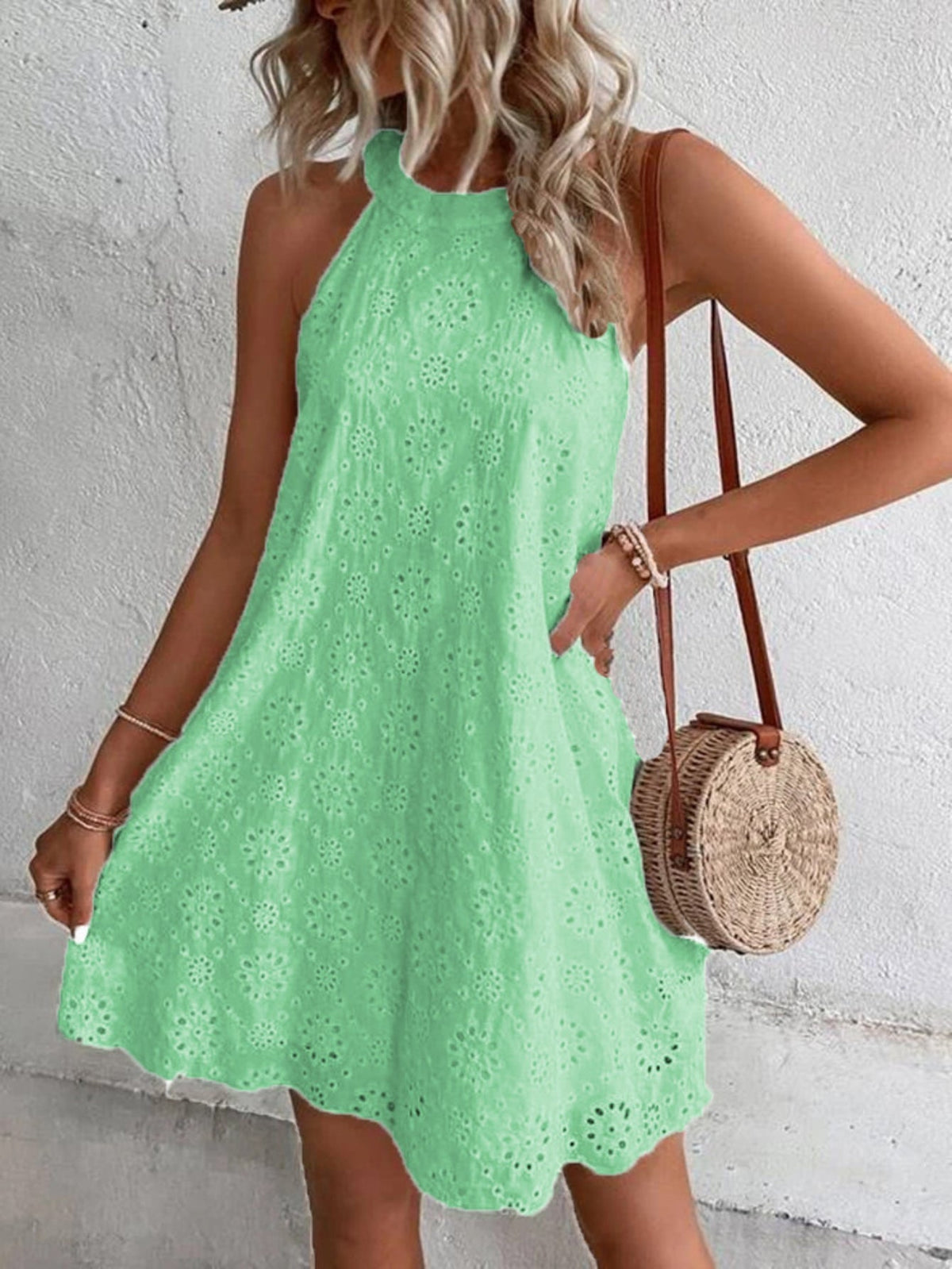 Keyhole Solid Dress, Casual Crew Neck Sleeveless Dress