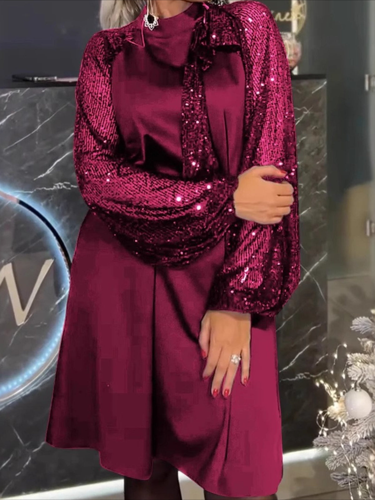 Long Sleeve Spring/Fall Red Plain Split Joint Crew Neck Vintage A-Line Sequin Midi Dress