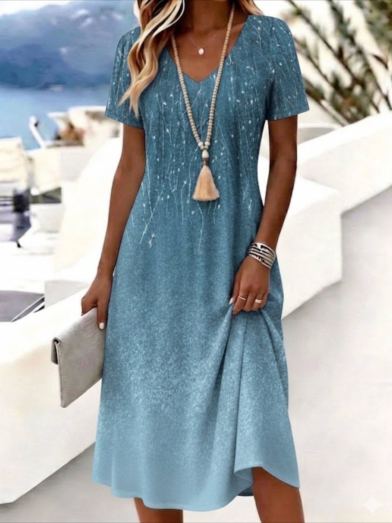 Print Short Sleeve V-Neck Casual Midi Dress