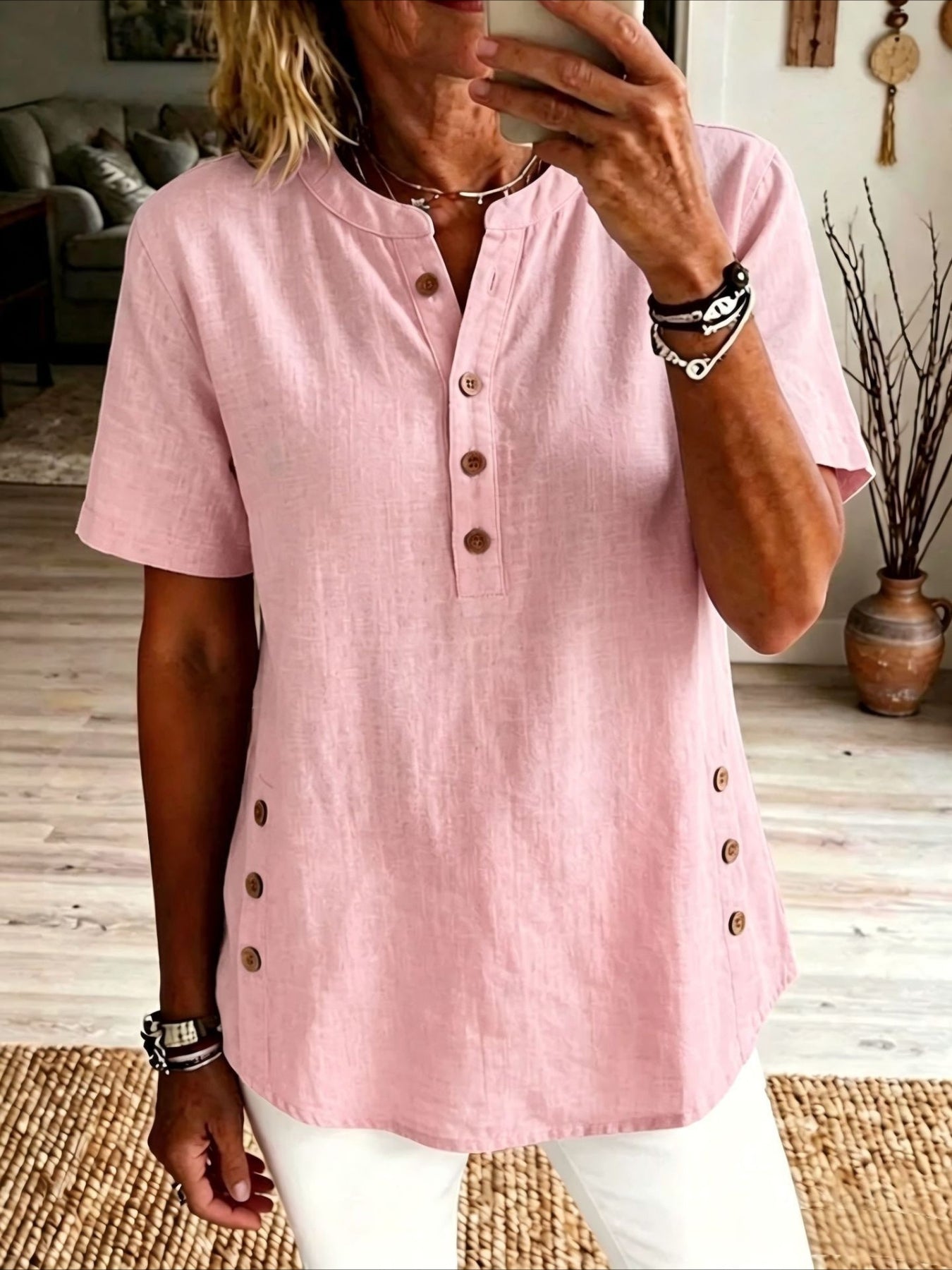 Stand Collar Short Sleeve Button Summer Daily Going Out Casual Shirt
