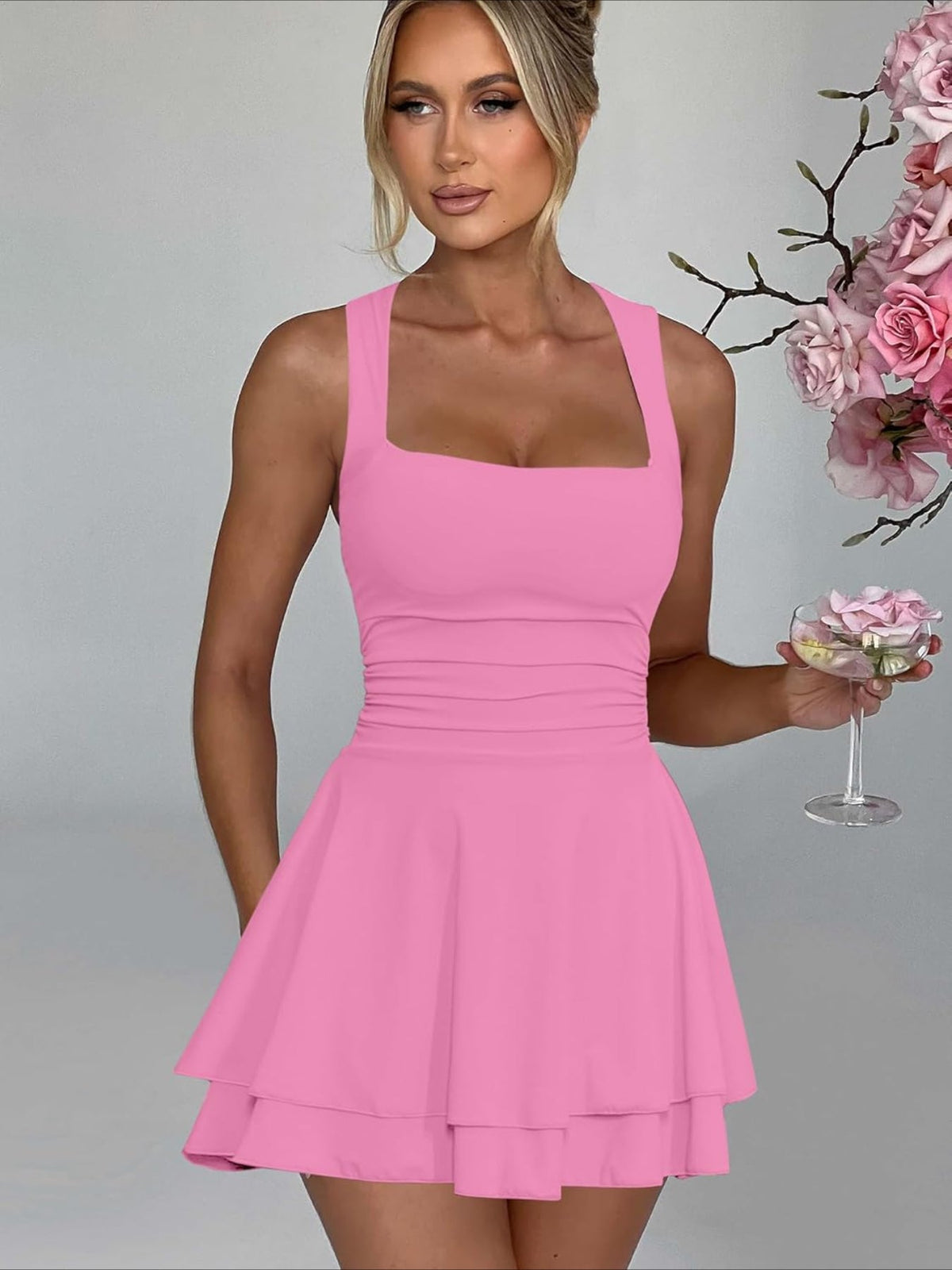 Solid Color Square Neck Ruffle Hem Ruched Waist Mini Dress