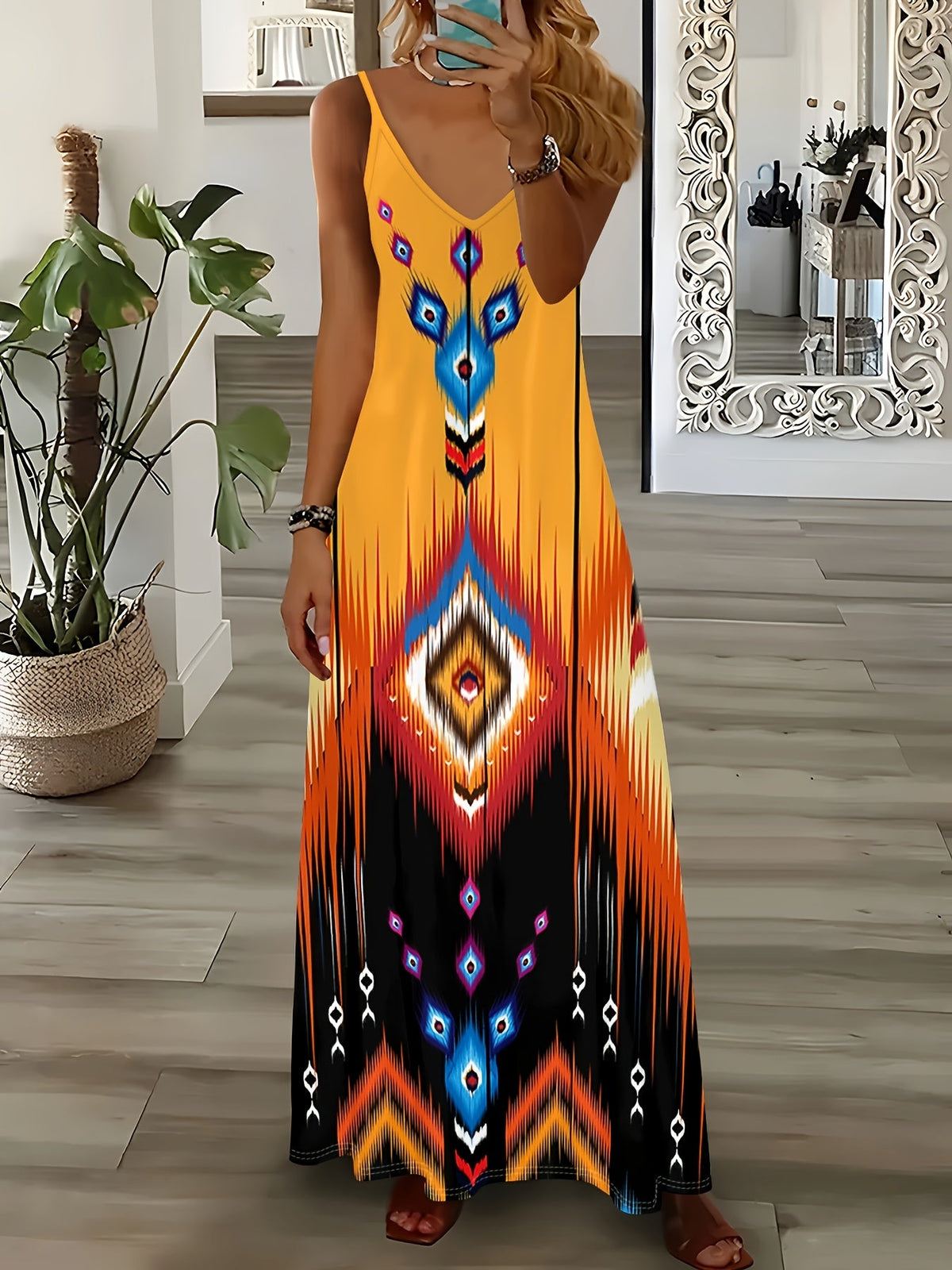 Ethnic Geo Print Cami Dress, Vacation Style Sleeveless A-line Maxi Slip Dress