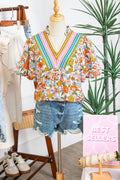 Multicolour Crochet V Neckline Puff Sleeve Boho Flower Blouse