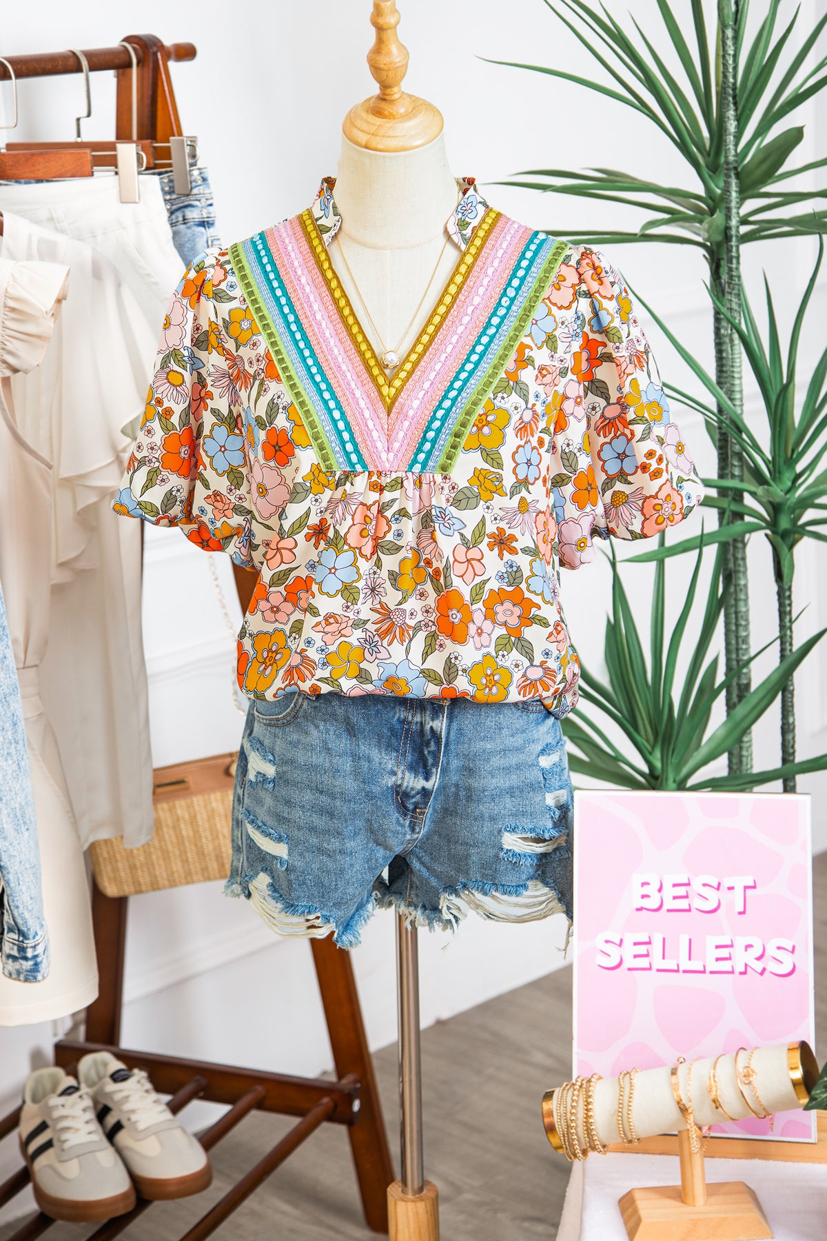 Multicolour Crochet V Neckline Puff Sleeve Boho Flower Blouse