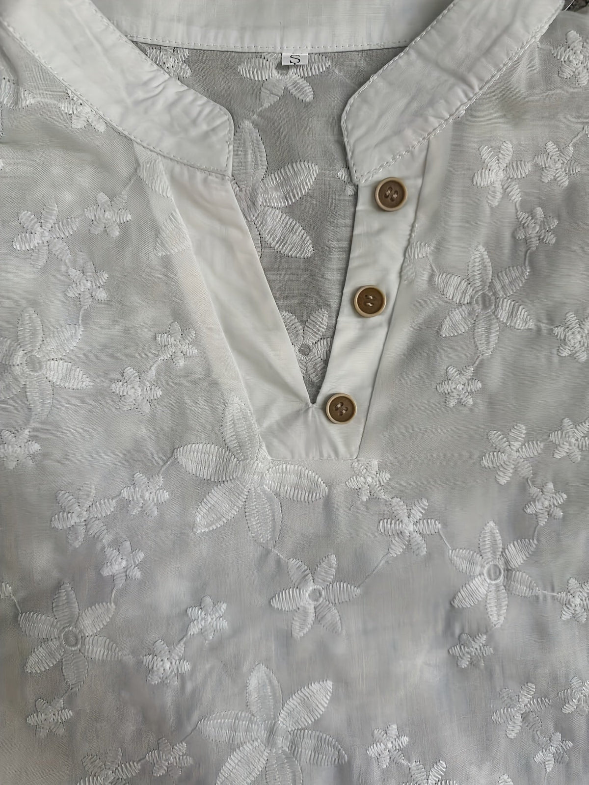 V-Neckline Comfortable Short Sleeves Classic Button Front Closure Relaxed Fit Embroidered Blouse