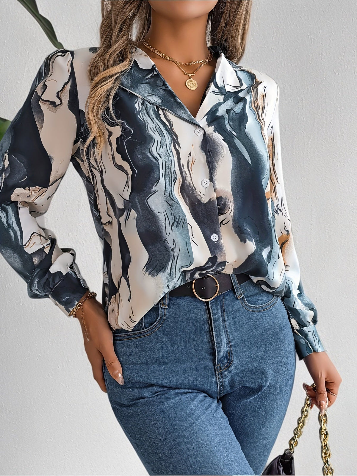 Graphic Print Button Front Shirt, Casual Long Sleeve Shirt