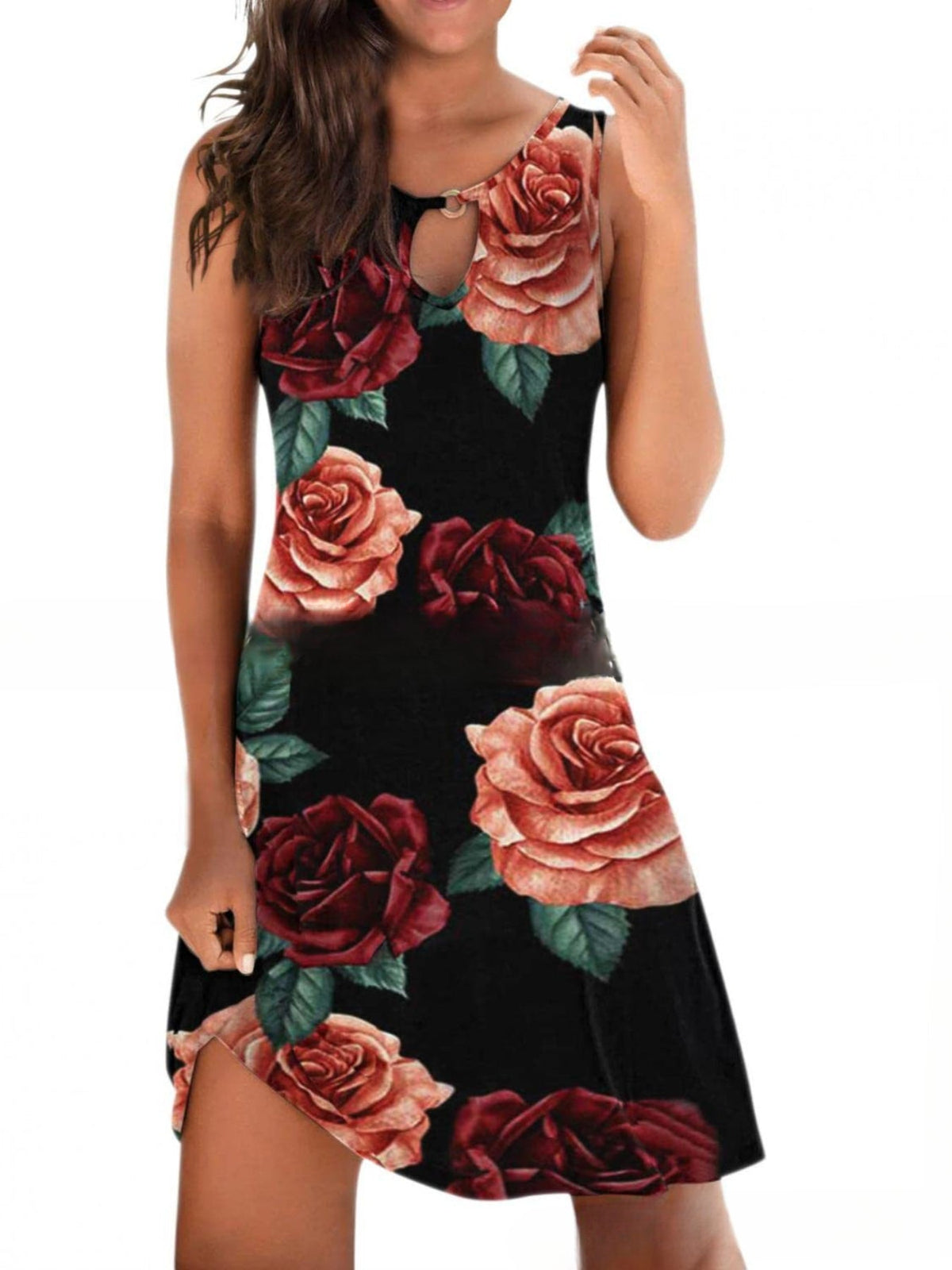 Floral Print Ring Decor Tank Dress, Casual Sleeveless Dress