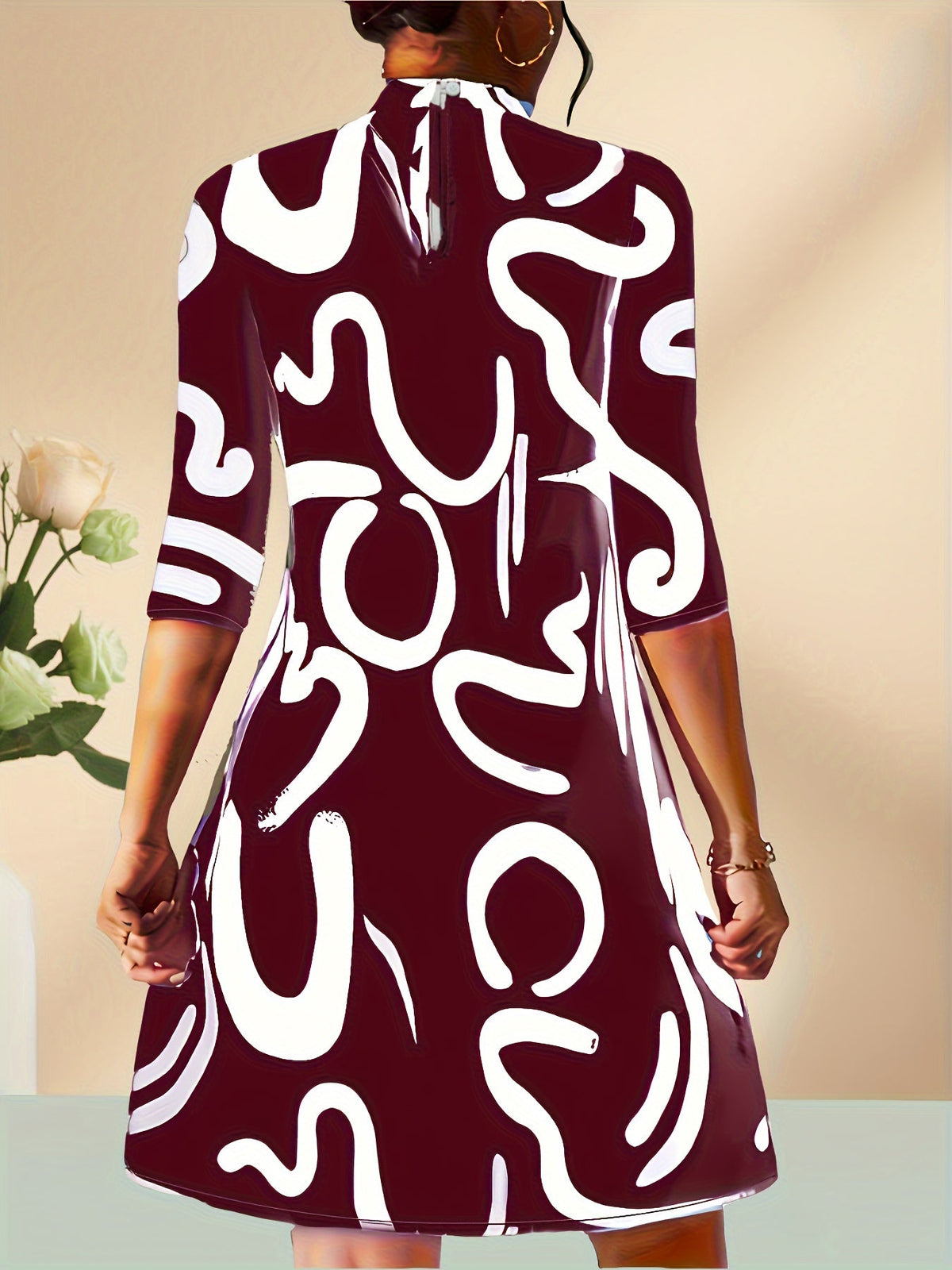 Abstract Print 3/4 Sleeve Dress, Casual Mock Neck Simple Dress