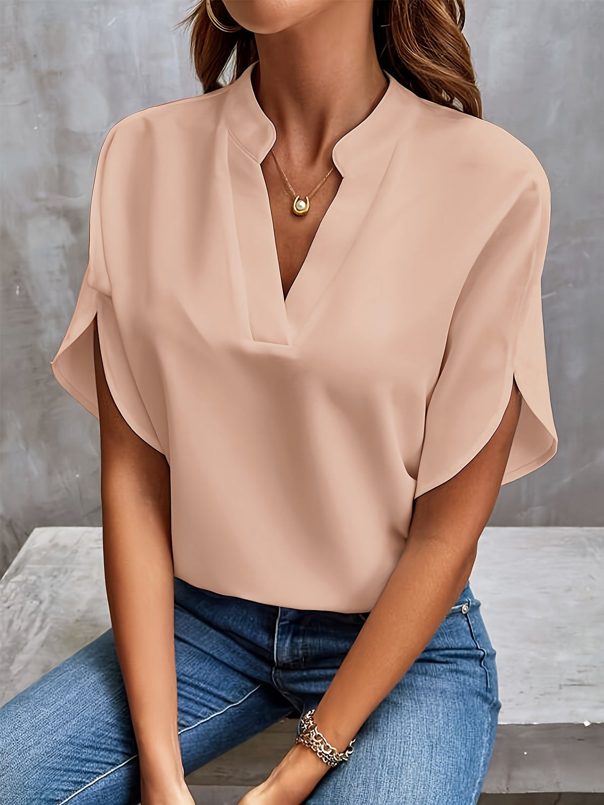Women's Casual Notch Neck Blouse with Split Sleeves