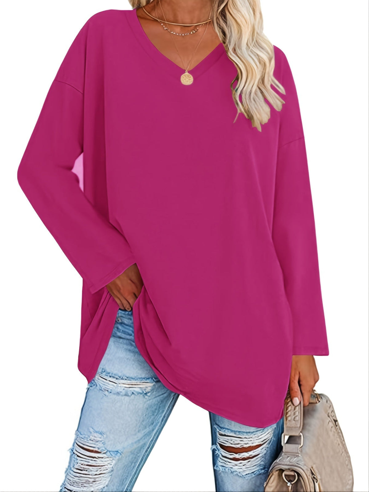 Women's Solid Color Oversized Tops, V-Neck Long Sleeve T-Shirts, Casual Loose Shirts