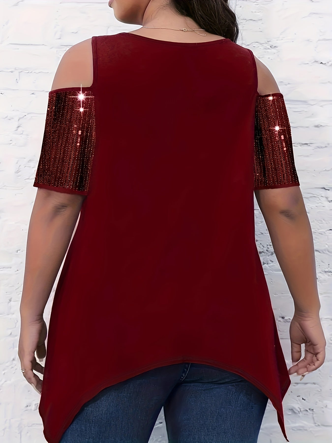 Casual Blouse, Women's Plain Rhinestone Cut Out Cold Shoulder Asymmetrical Hem Blouse