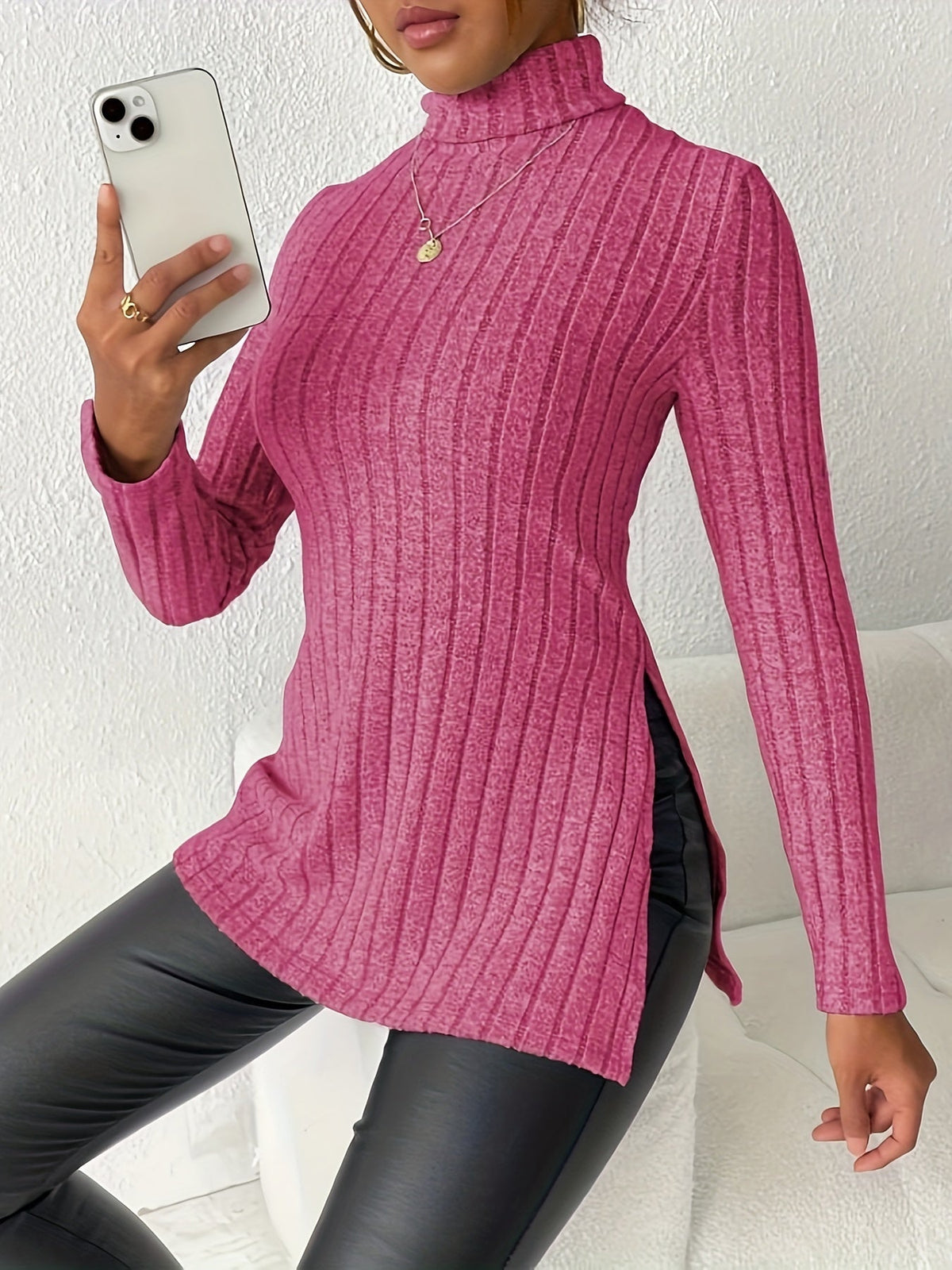 Solid Turtle Neck Rib Knit Top, Casual Long Sleeve Split Top