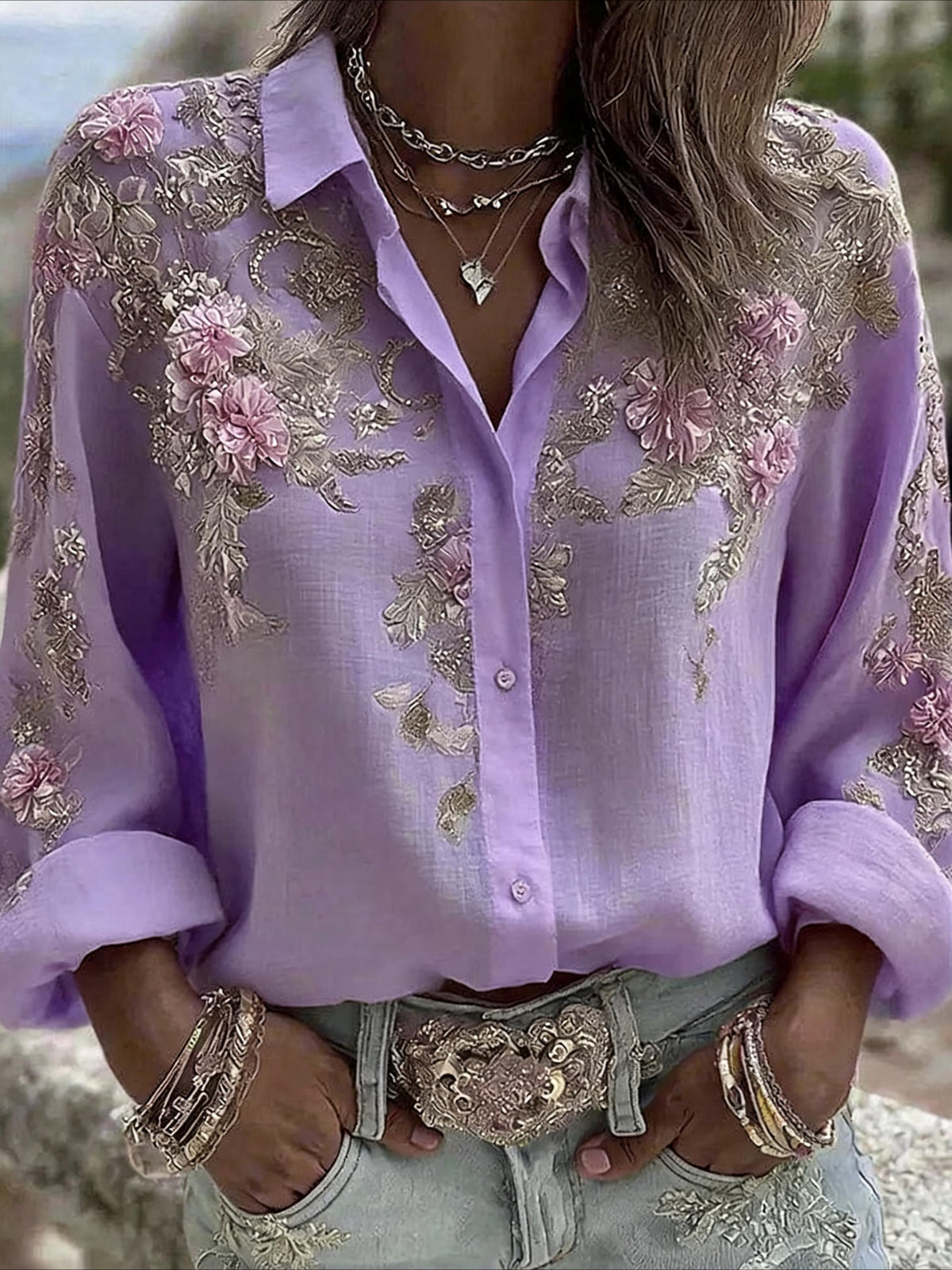 Flower Prints Stand Collar Casual Long Sleeve Blouse