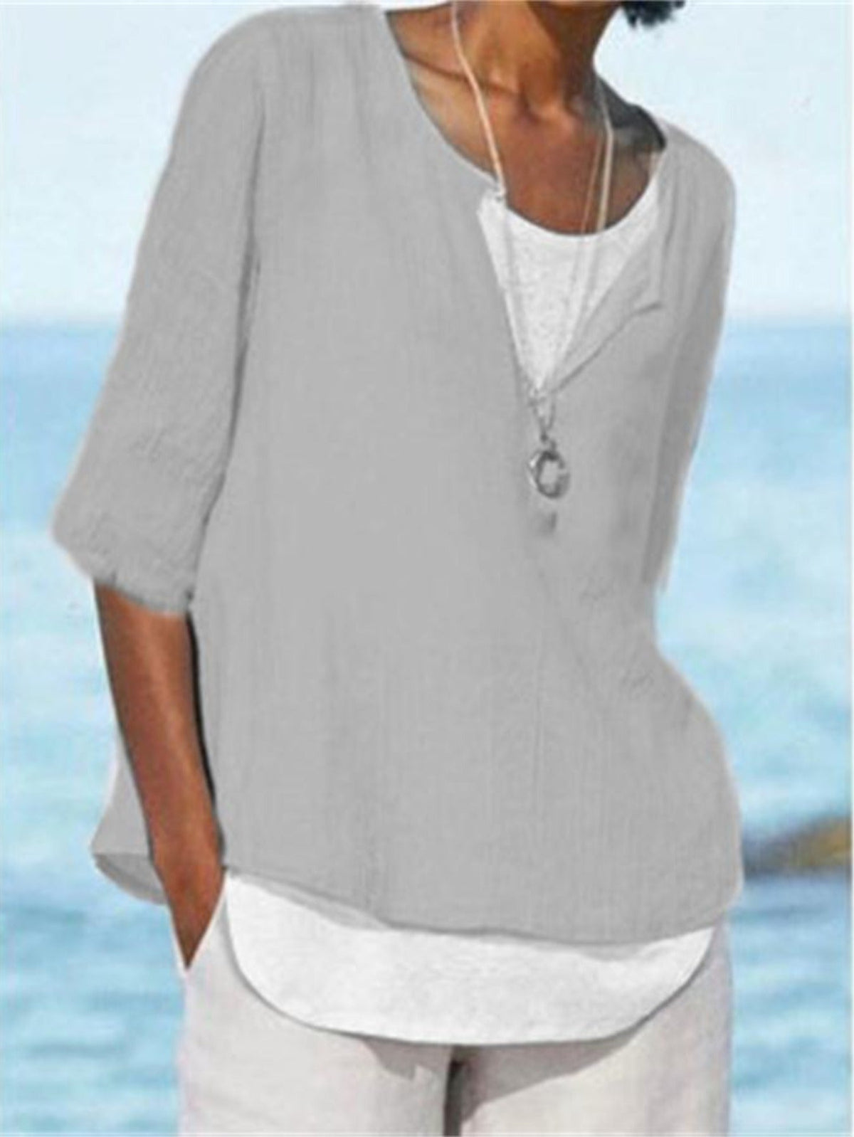 Solid Color Crew Neck Front Slit Stylish Pullover Top