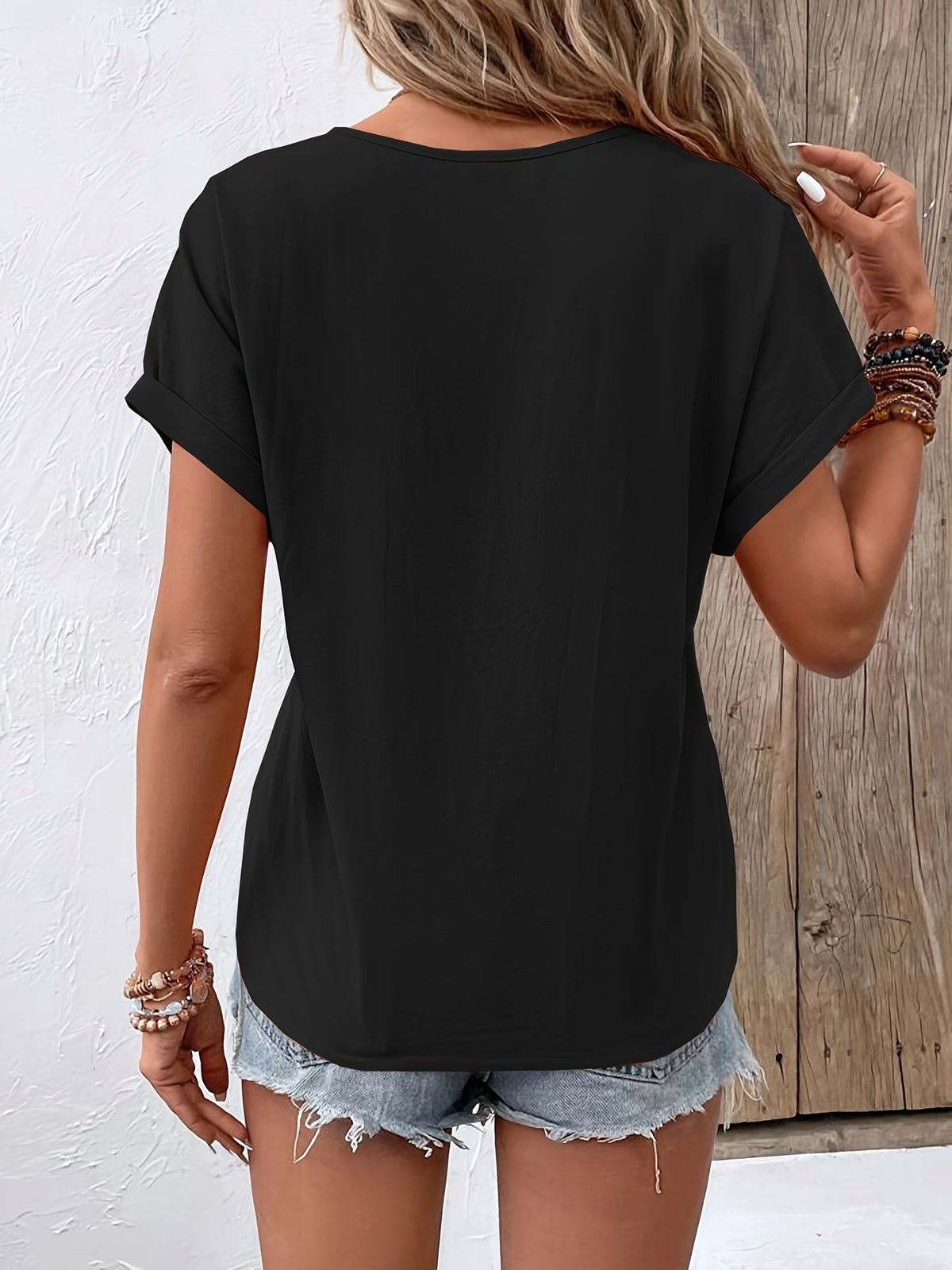 Elegant V-Neck Short Sleeve Button Detail Blouse