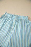 Sky Blue Stripe Elastic Waist Ruffle Trim Casual Shorts