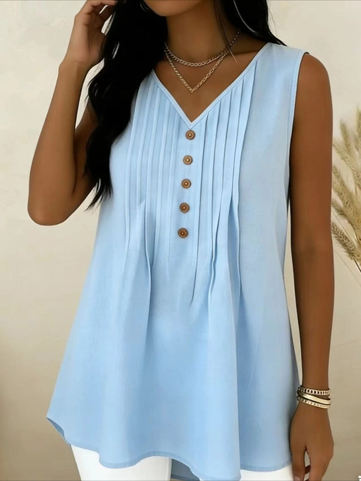 Elegant V Neck Sleeveless Button Summer Vacation Casual Tank Top
