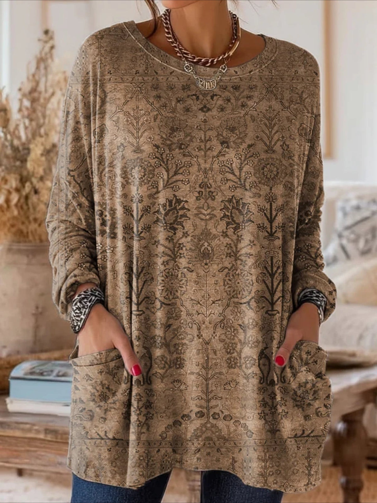Floral Long Sleeve Crew Neck Printing Vintage Spring/Fall Top