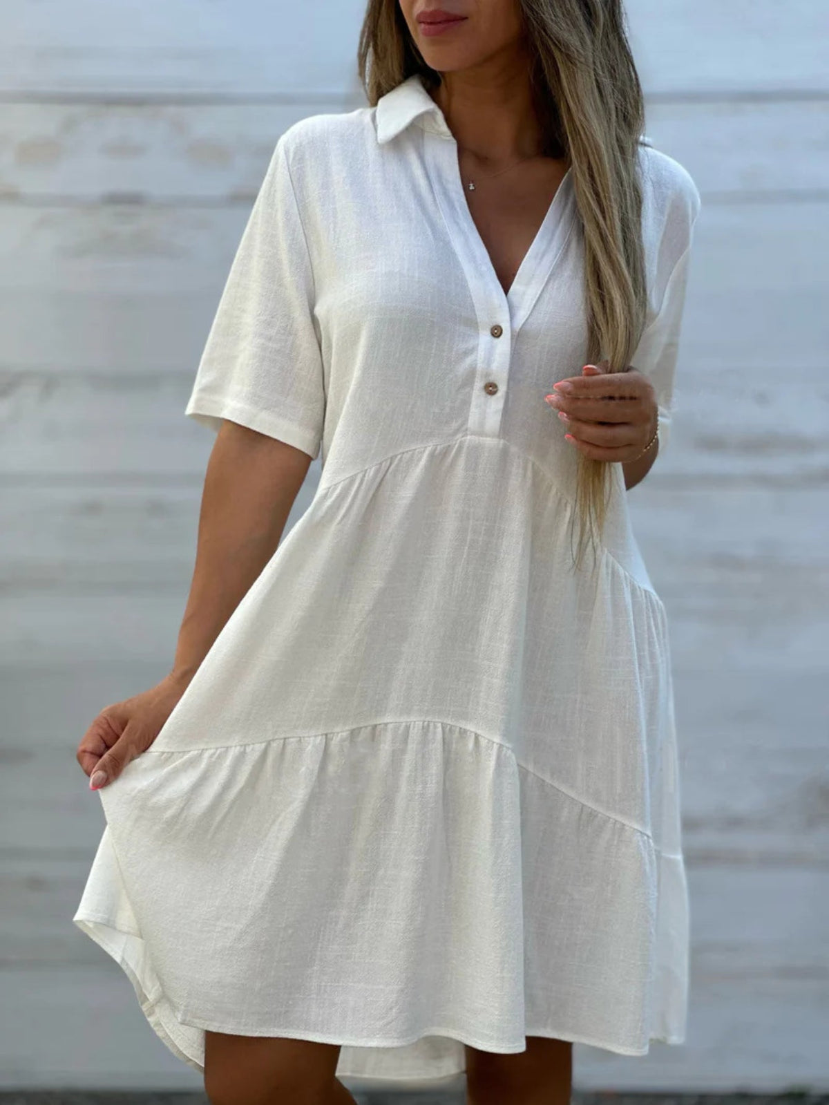 Linen Women's Summer Dress - Loose Fit, Short Sleeve, Lapel Collar, Button Front