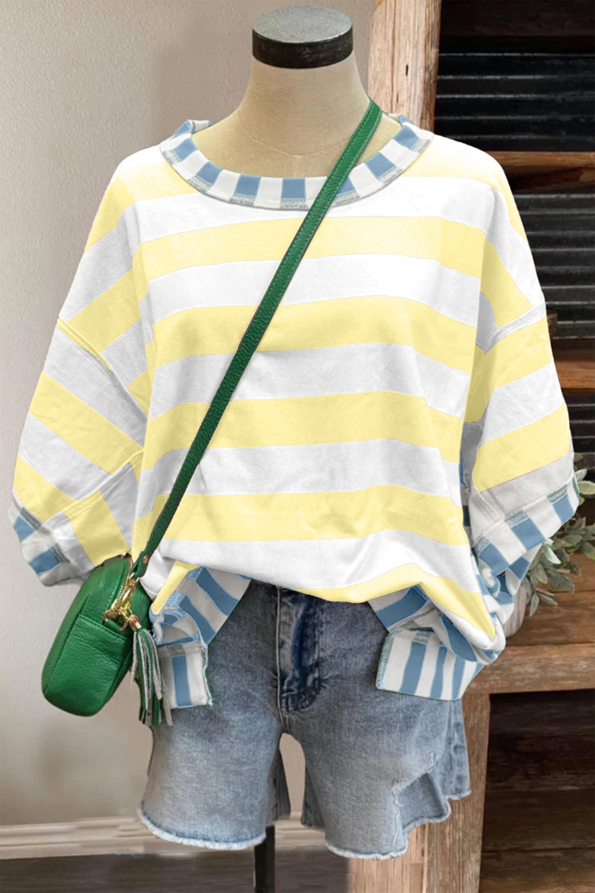 Yellow Stripe Exposed Seam Contrast Patchwork Oversized Top