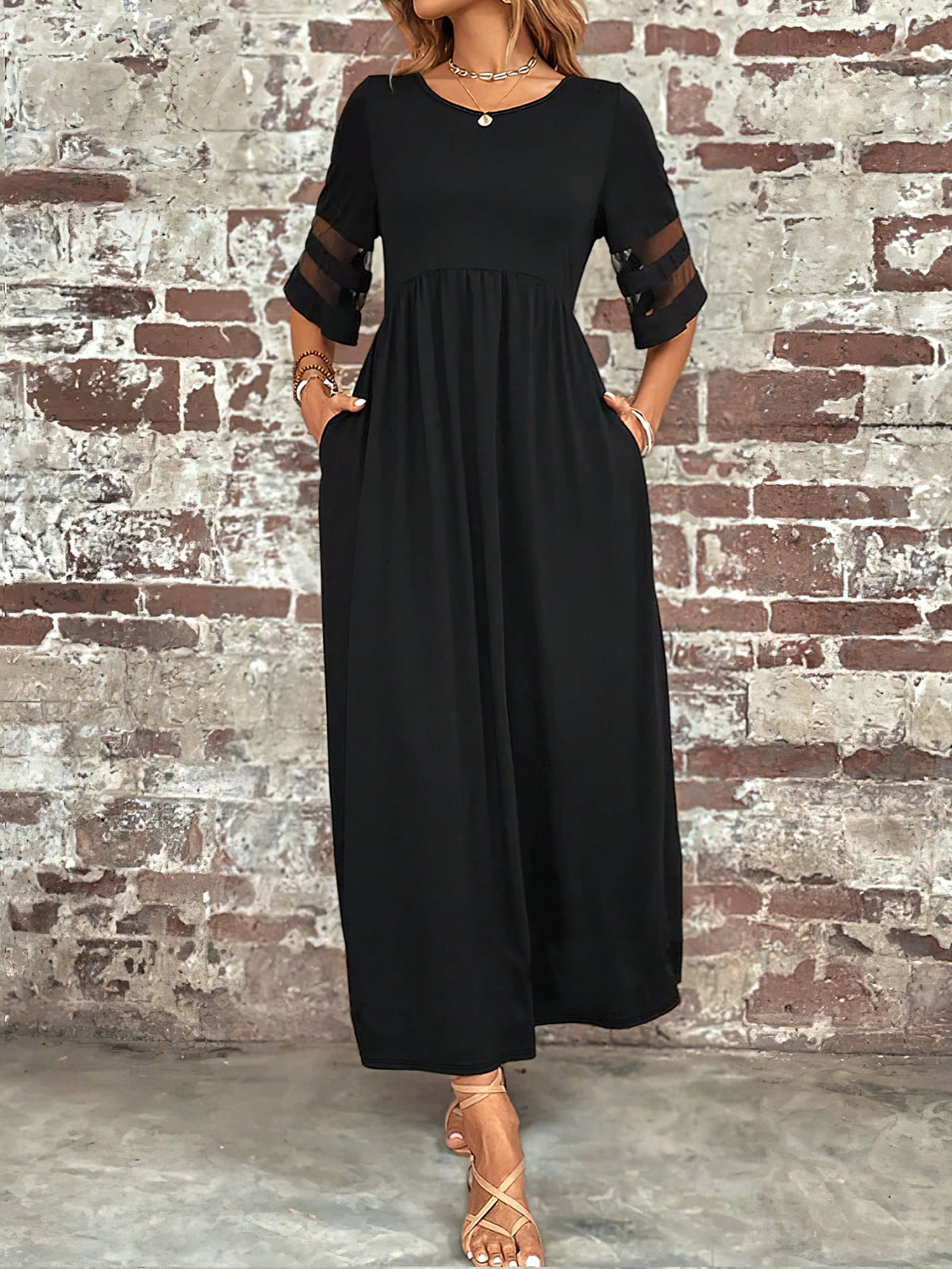 Elegant Crew Neck Solid Color Slimming Mesh Panel Maxi Dress