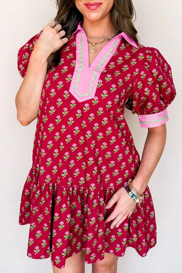 Red Floral Print Contrasted V Neck Short Bubble Sleeve Mini Dress