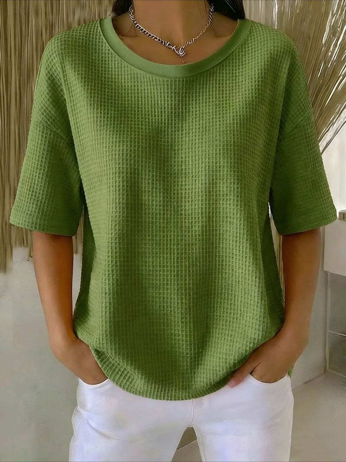 Waffle Solid Color Classic Modern Casual Short Sleeve Crew Neck Regular Tops
