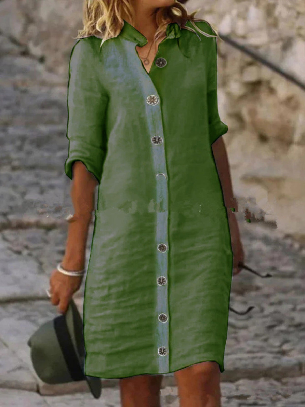 Button Front Half Sleeve Dress, Casual Solid Simple Midi Dress