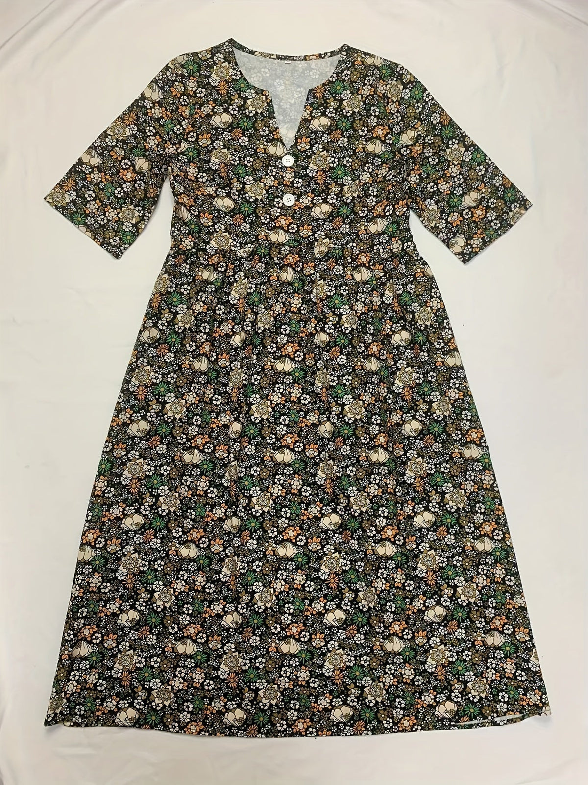 Ditsy Floral Print V Neck Dress, Casual Ruched Summer Dress With Pockets