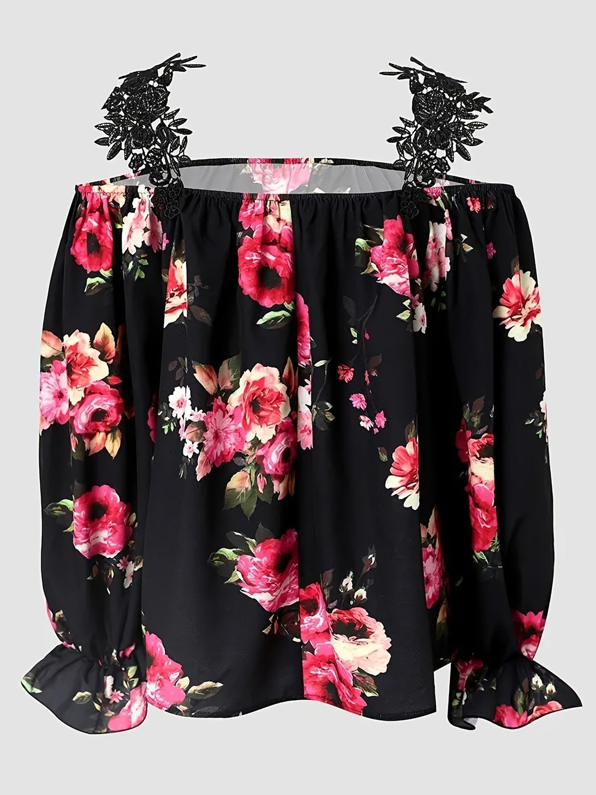 Lace Trim Floral Print Blouse, Casual Pleated Lantern Sleeve Off Shoulder Blouse