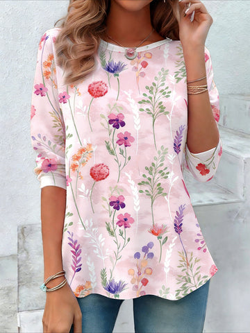 Flower Printed Casual Crew Neck Long Sleeve T-shirt