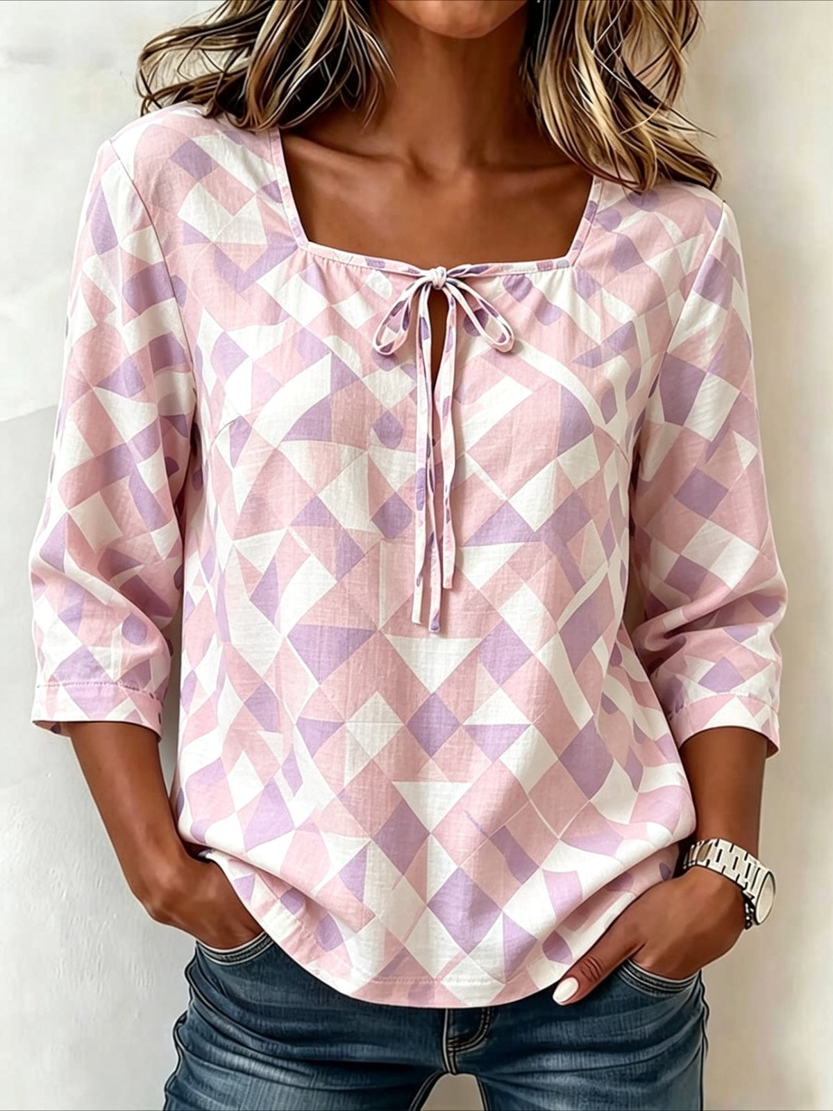 Floral Print Square Collar Lace up Seven Quarter Sleeve Top