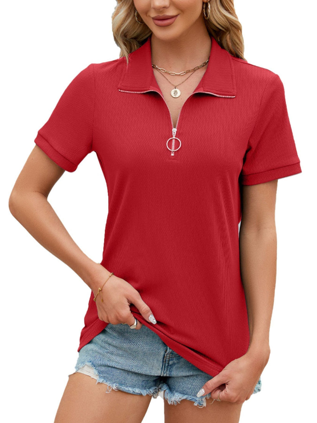Solid Color Zip Collared T-shirt, Casual Short Sleeve Top