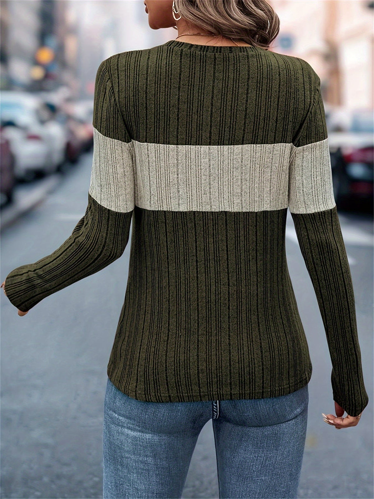 Color Block Crew Neck T-Shirt, Casual Long Sleeve Top