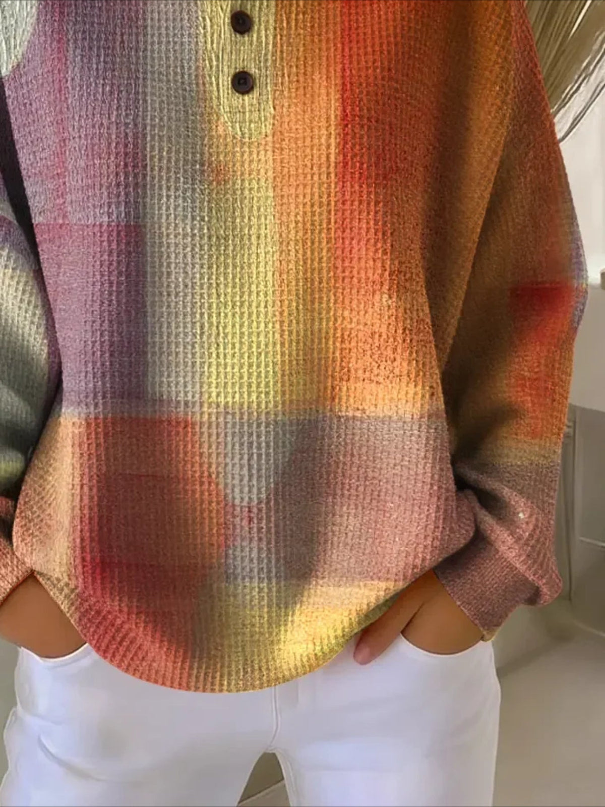 Colorful Ribbed V Neck Braided Print Long Sleeve Regular Sweatshirt