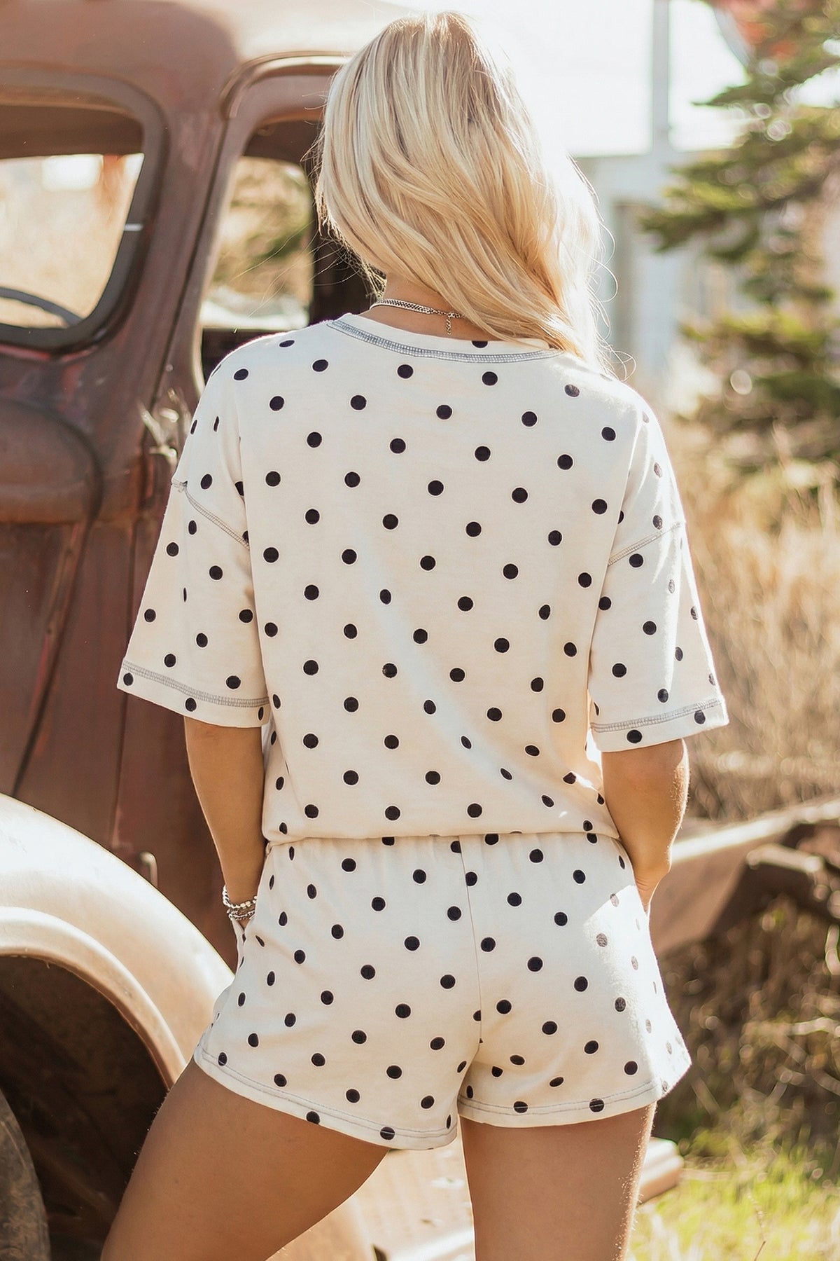 White Polka Dot Short Sleeve Loose Top Drawstring Shorts Set
