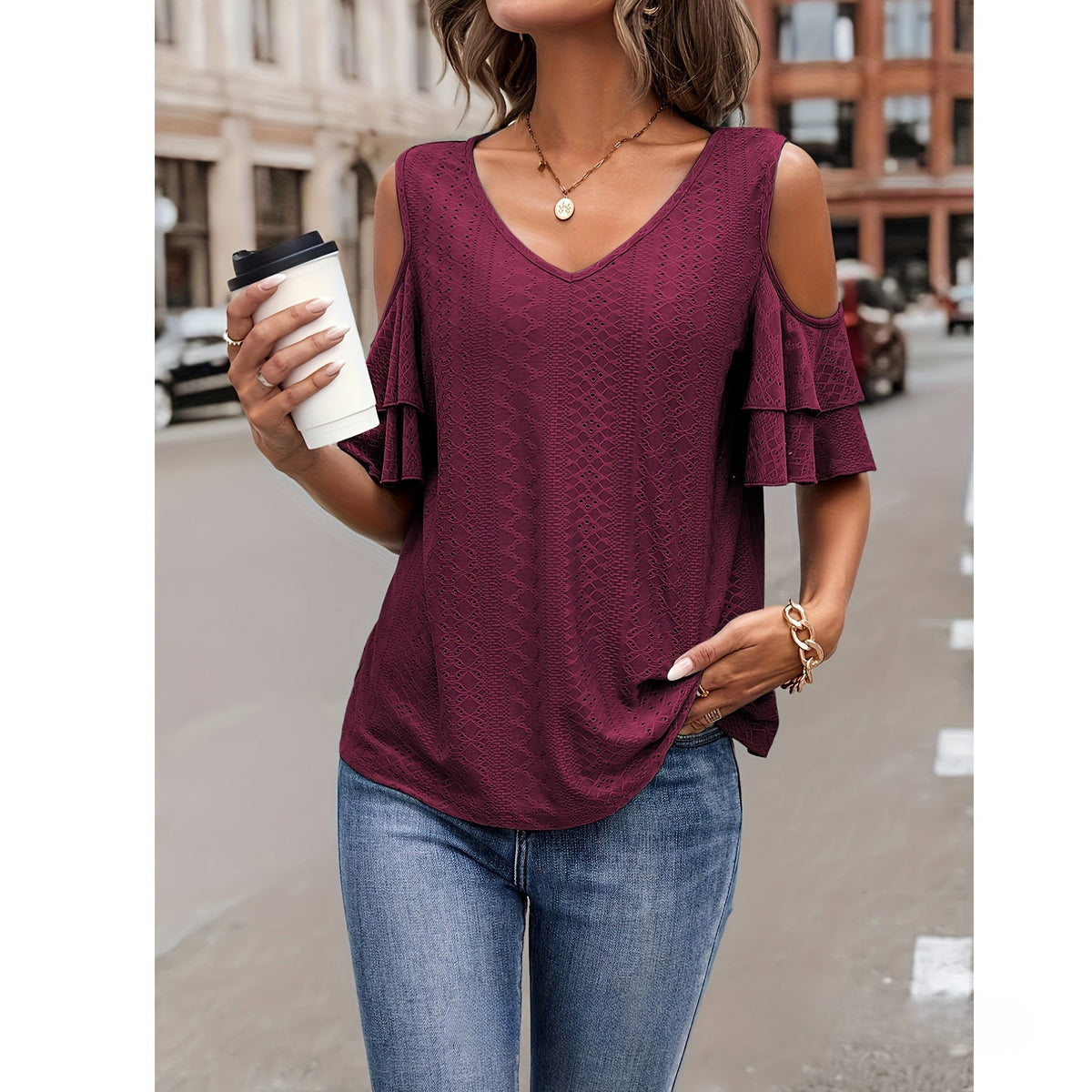 Cold Shoulder V Neck Eyelet T-Shirt, Casual Flutter Tiered Sleeve T-Shirt