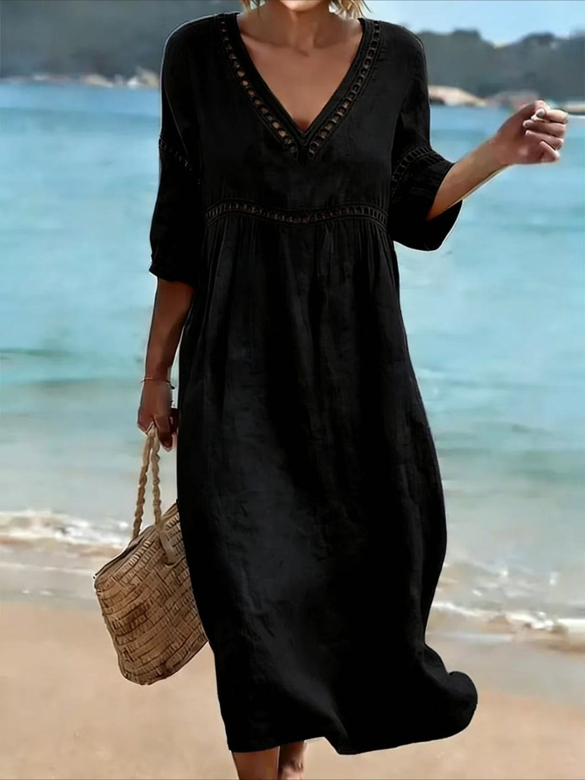 Casual V-Neck Solid Color Hollow Out Dress